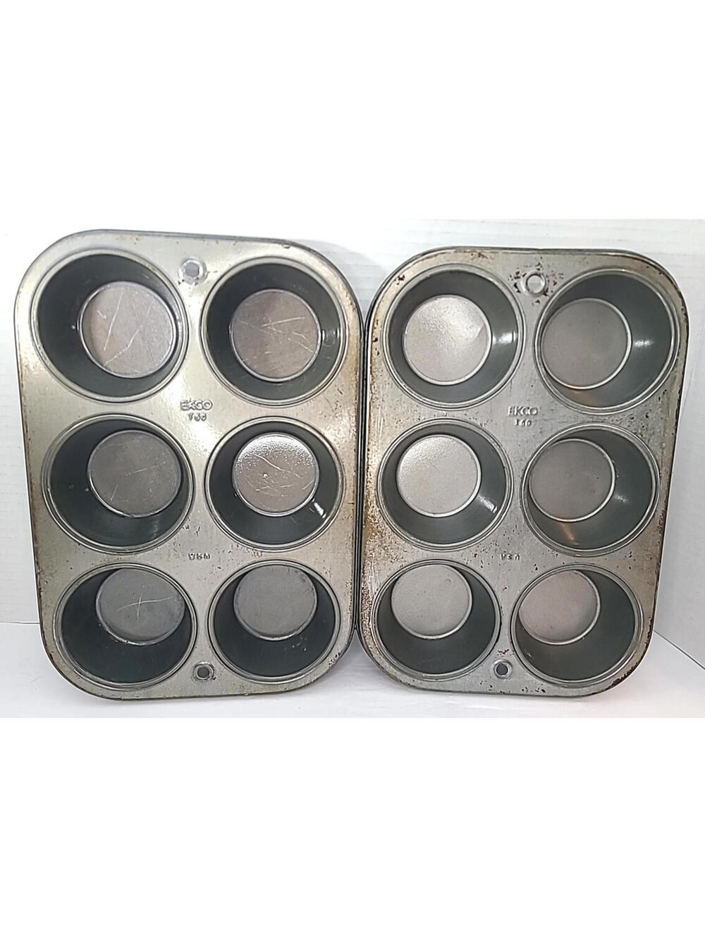 Set Of 2 Vintage T60 Ekco 6 Cup Metal Muffin Cupcake Pans USA Made Bakeware